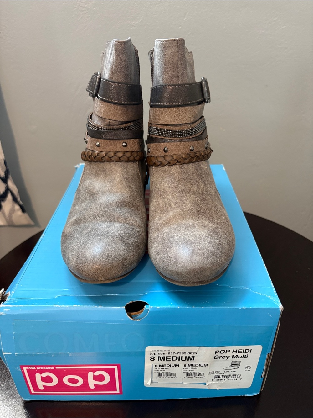 pop Heidi Grey Multi Women's Ankle Booties with Braided & Studded Straps Size 8